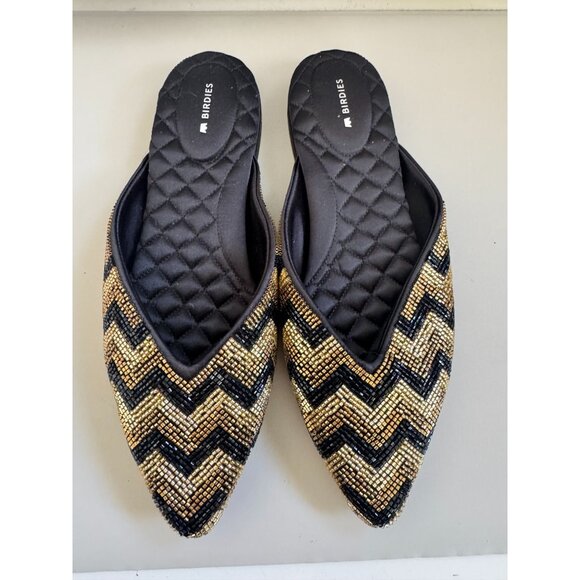 BEAUTIFUL BIRDIES METALLIC CHEVRON PRINT SLIP ON FLATS BLACK/GOLD/BRONZE WOMENS - Picture 1 of 3